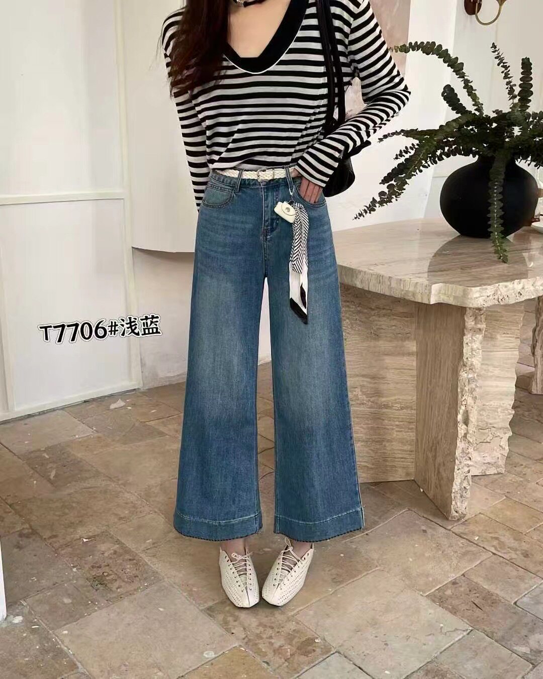 卡D7706春夏新款高腰显瘦直筒牛仔裤女九分窄版垂感小个子阔腿裤