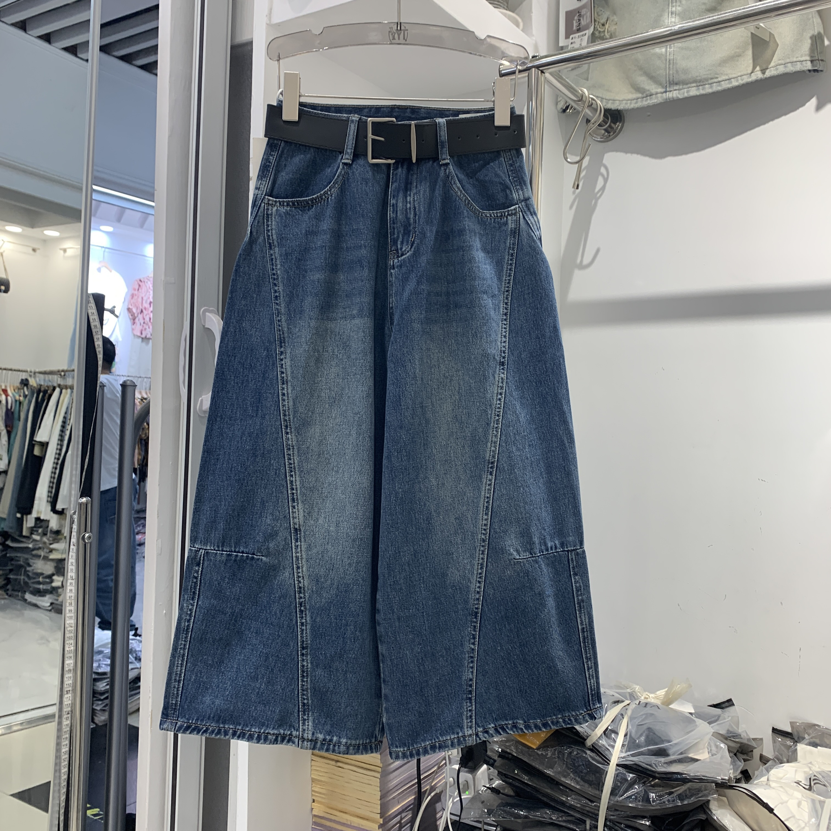 沐沐家18539欧货夏季时尚高腰阔腿压线薄款慵懒牛仔裤洋气八分裤