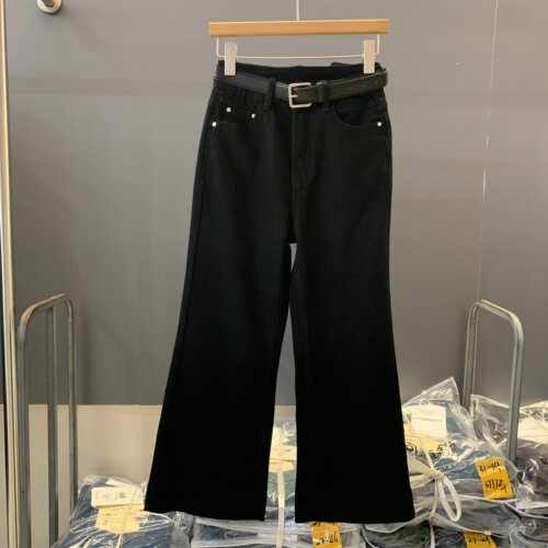 JOYEN5189黑色弹力微喇牛仔裤女2026秋显瘦小个子高腰九分直筒裤