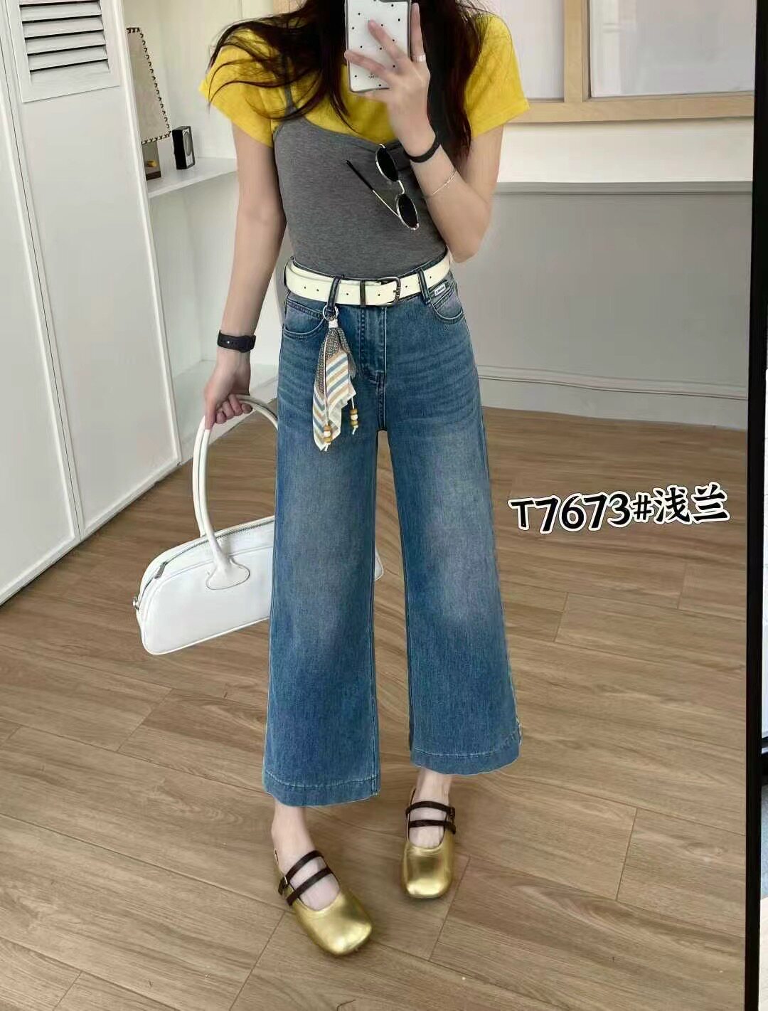 卡D7673高腰小个子九分直筒牛仔裤2026春款新宽松窄版阔腿休闲裤