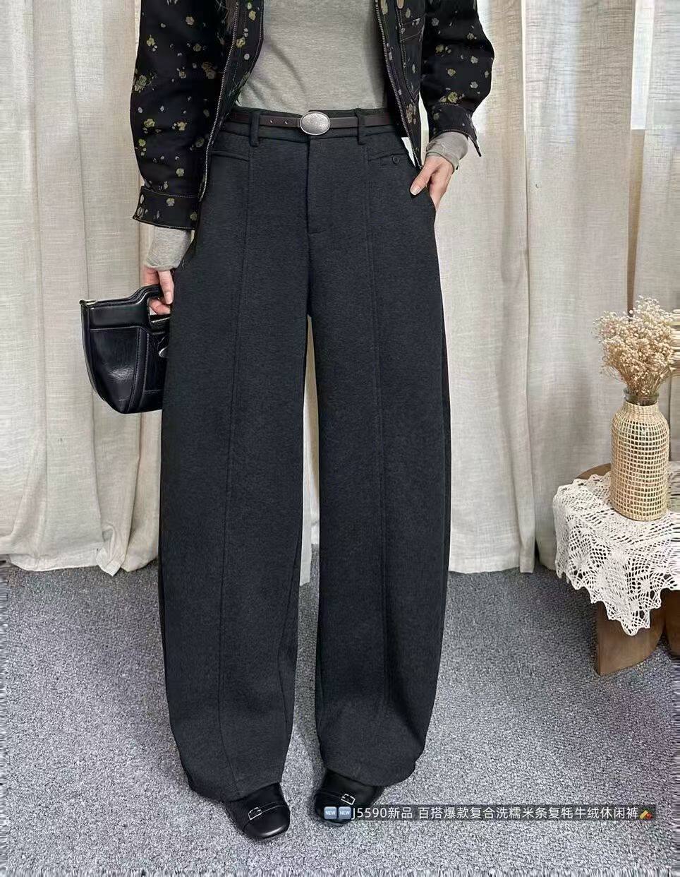 韩佰莉5590欧货冬款高腰韩系加绒加厚毛呢阔腿裤显瘦直筒弯刀长裤
