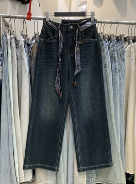 Ztys8505植绒直筒牛仔裤女冬2025抓绒高腰复古宽松显瘦阔腿裤