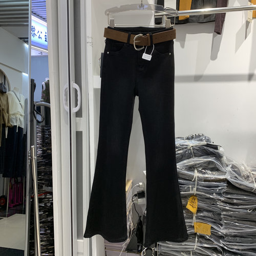 卡迪尔7152-8牛仔裤女薄绒复古弹力口袋设计感高腰修身微喇长裤女