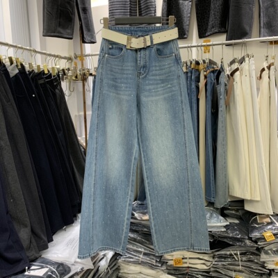 Aiyueniao爱月鸟A8113春款闪钻满天星高腰牛仔裤阔腿裤显瘦拖地裤