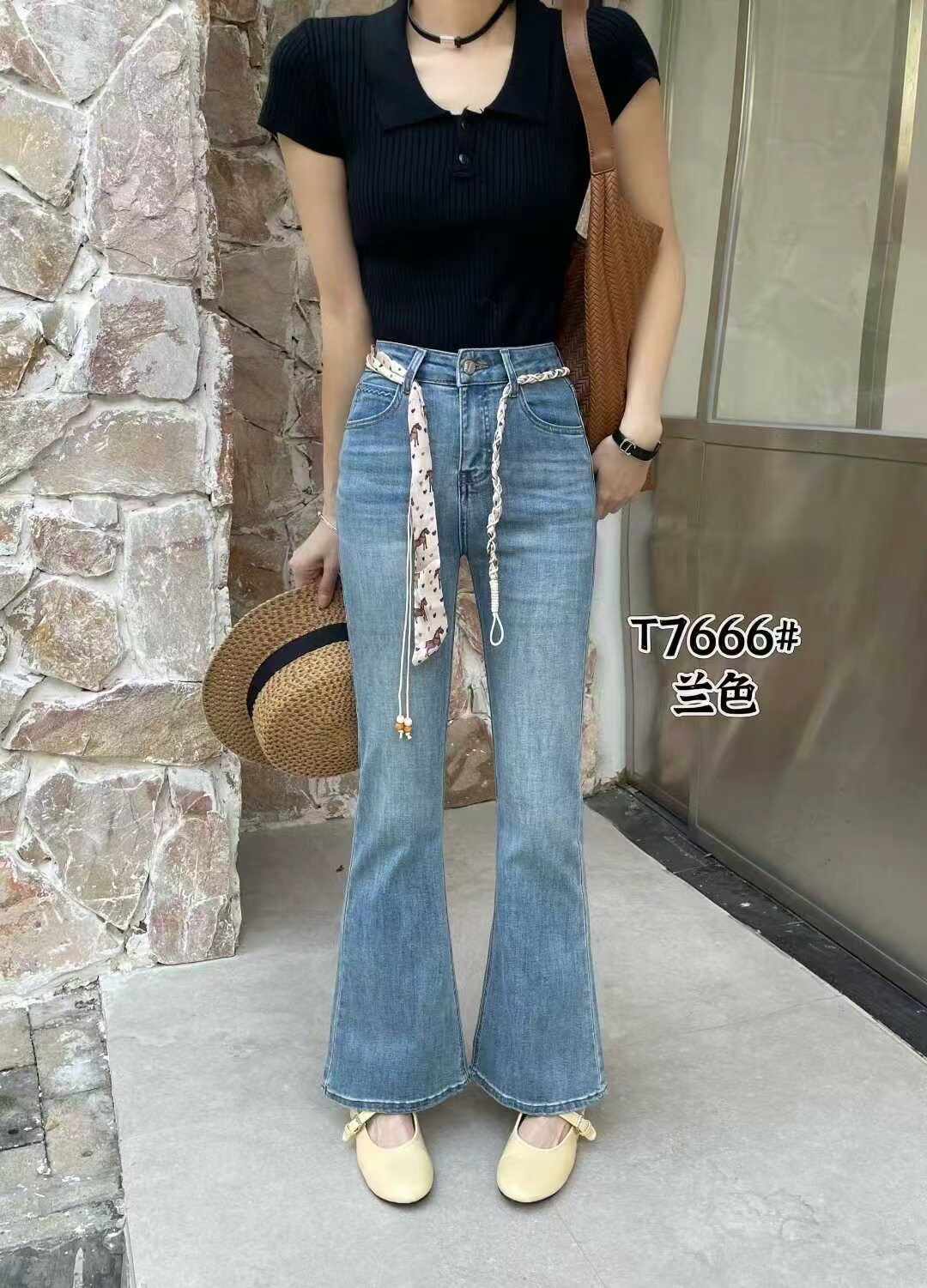 卡D7666高腰显瘦修身微喇牛仔裤女2026春季新款弹力百搭喇叭长裤