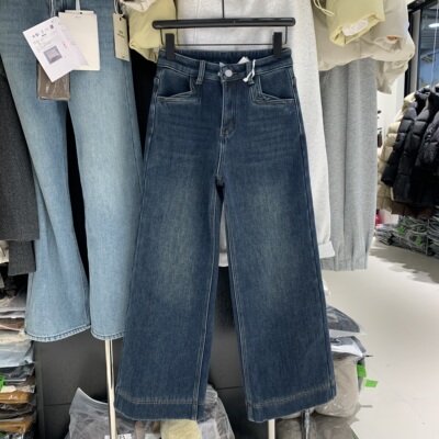 梵诗羽9817冬季新款加绒加厚高腰显瘦小个子减龄牛仔九分直筒裤女