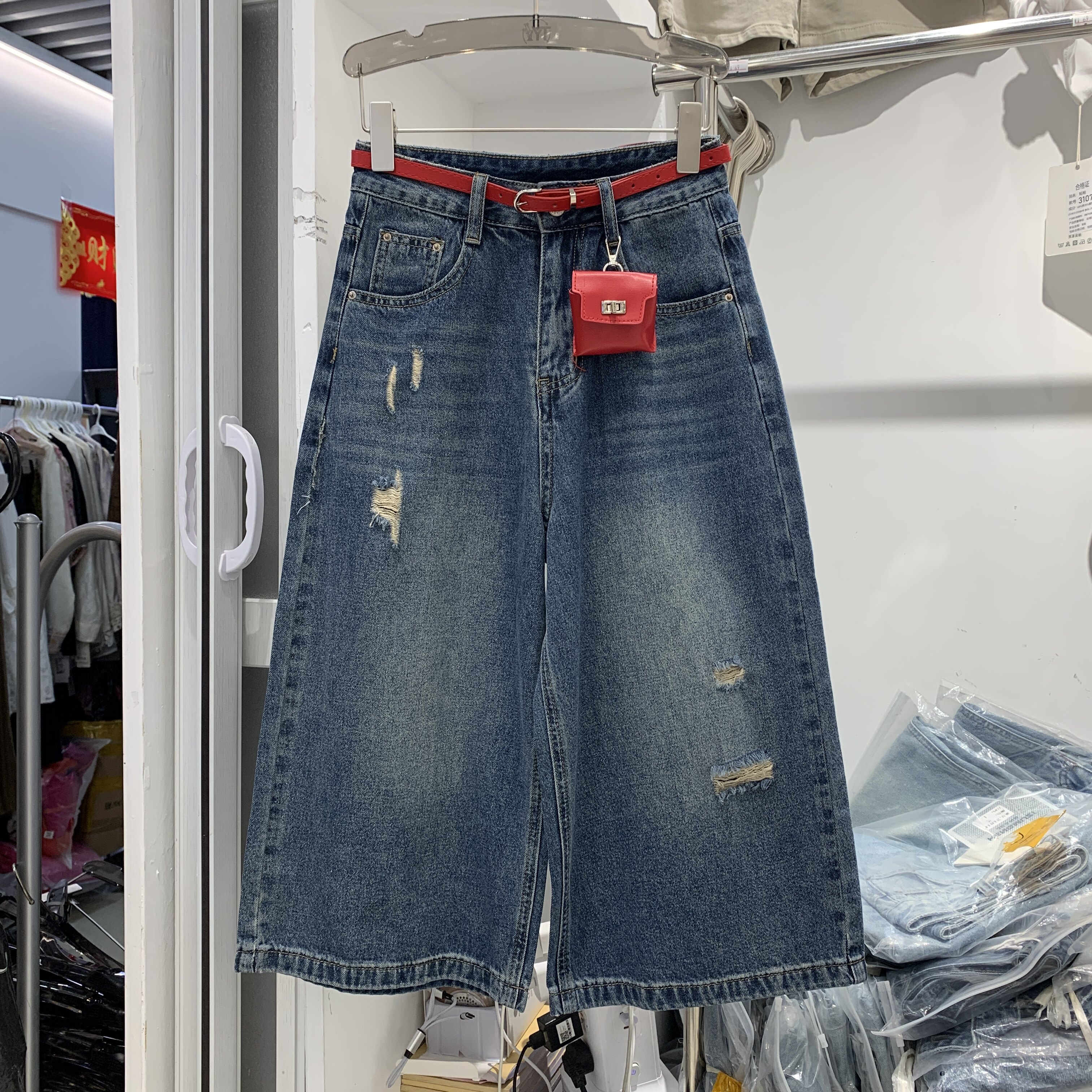 沐沐家90502夏季韩版高腰显瘦红色腰包复古破洞七分裤休闲牛仔裤