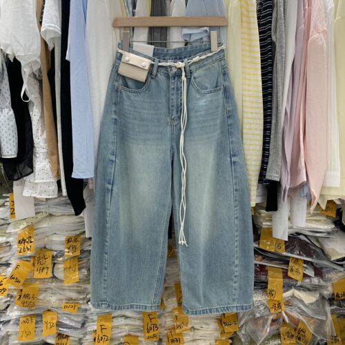 库里航L057春夏新款高腰显瘦时尚休闲宽松弯刀裤八分阔腿牛仔裤女