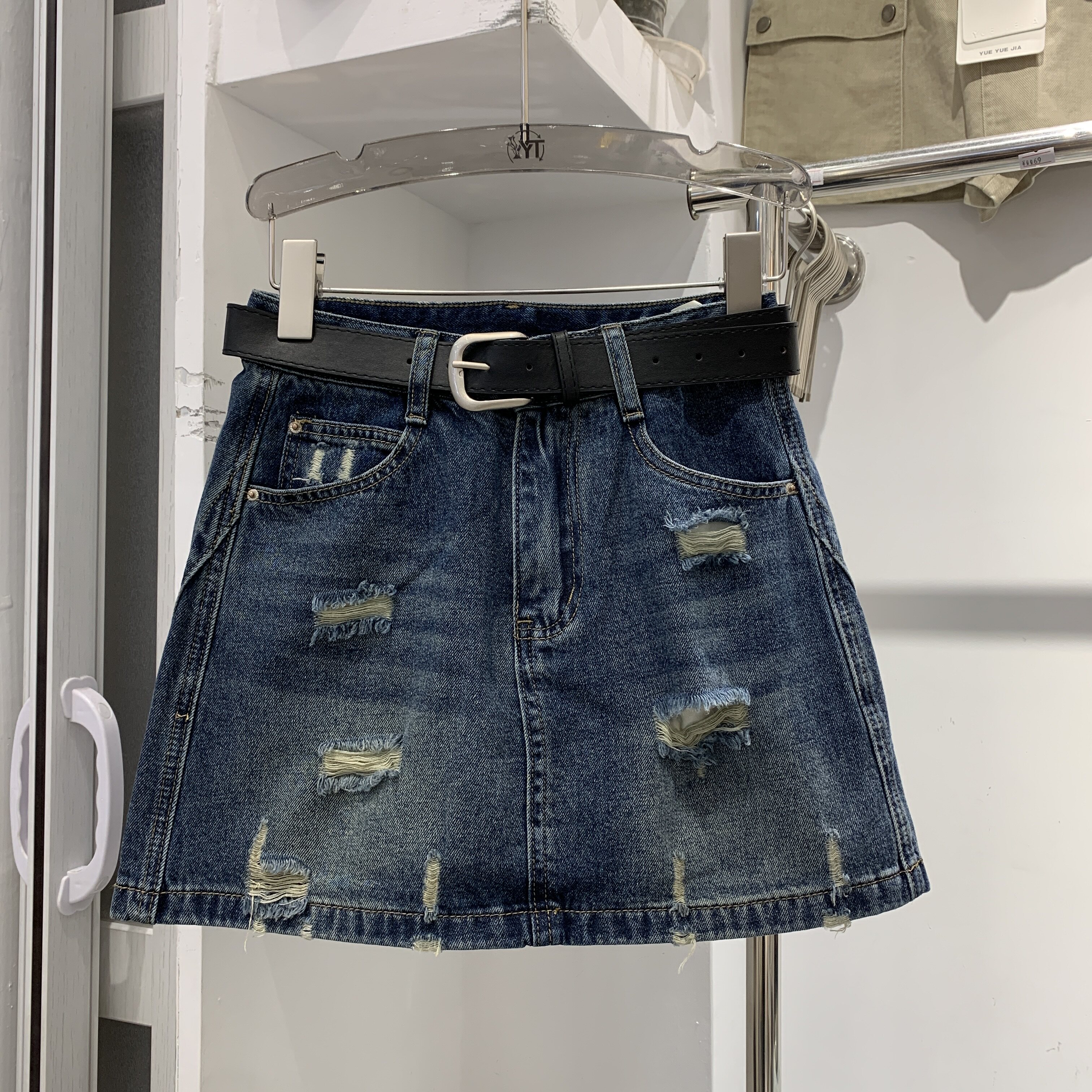 沐沐家8090夏季新款时尚磨破水洗牛仔工装裙女后口袋盖百搭A子裙
