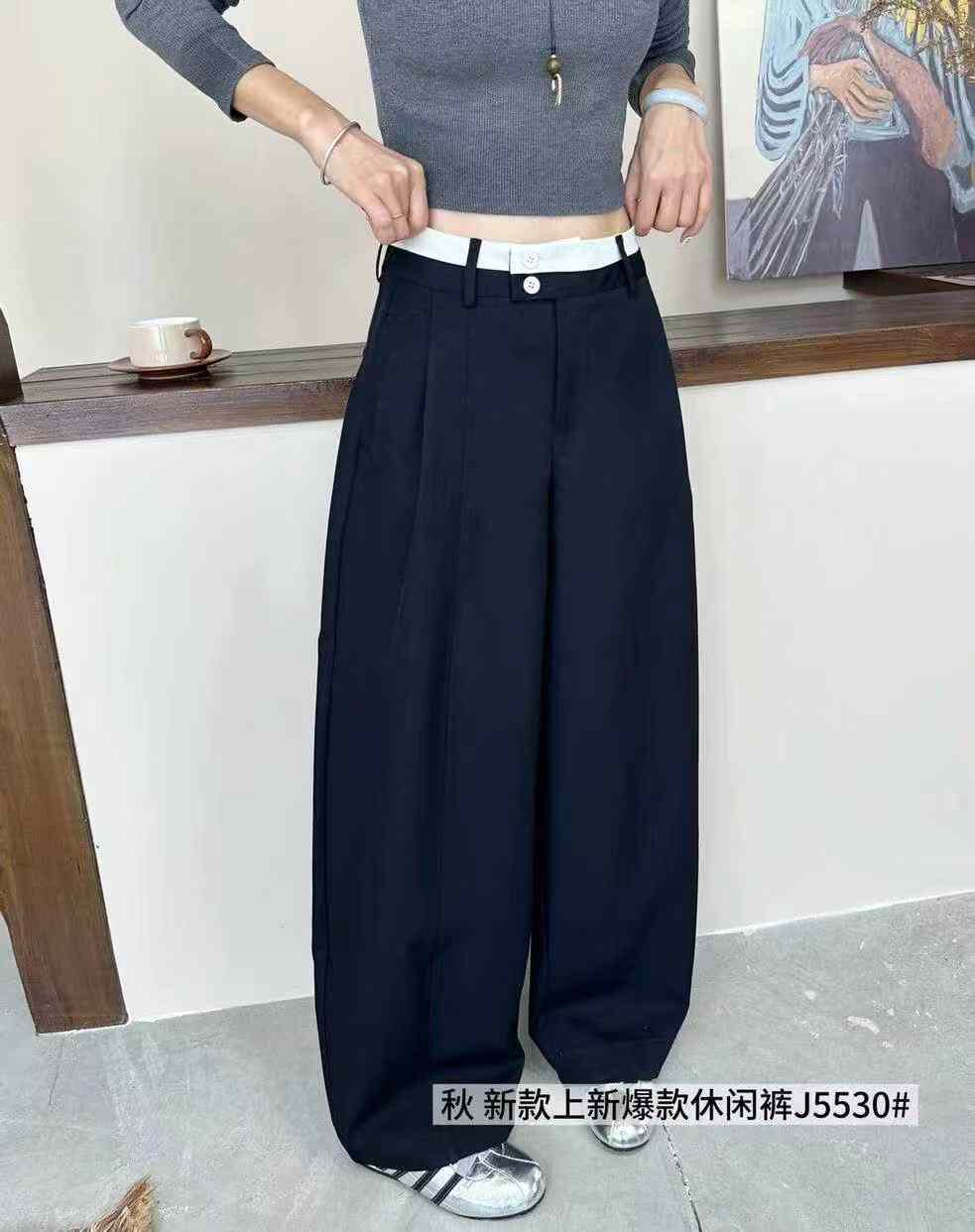 韩佰莉J5530撞色拼接高腰弯刀阔腿裤女2026秋宽松百搭垂感休闲裤