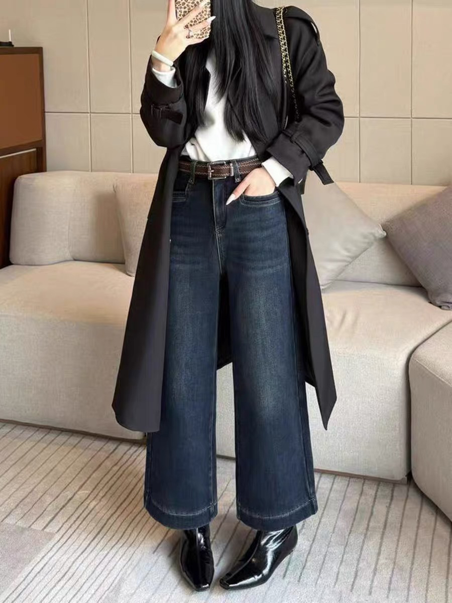 梦佳瑶8852冬加绒加厚小个子休闲直筒九分牛仔裤女高腰显瘦阔腿裤