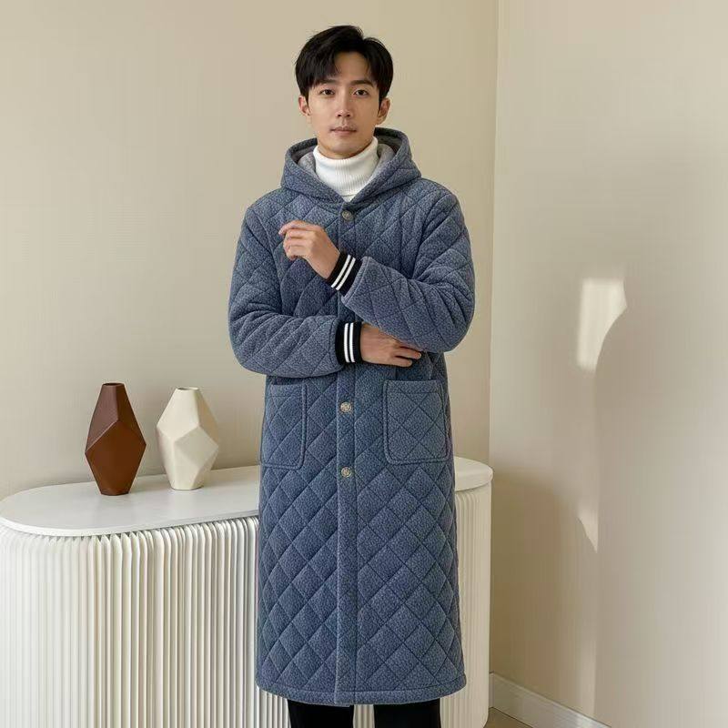 加长过膝男士加绒棉衣休闲大褂加厚罩衣工作服家居服保暖冬季棉服