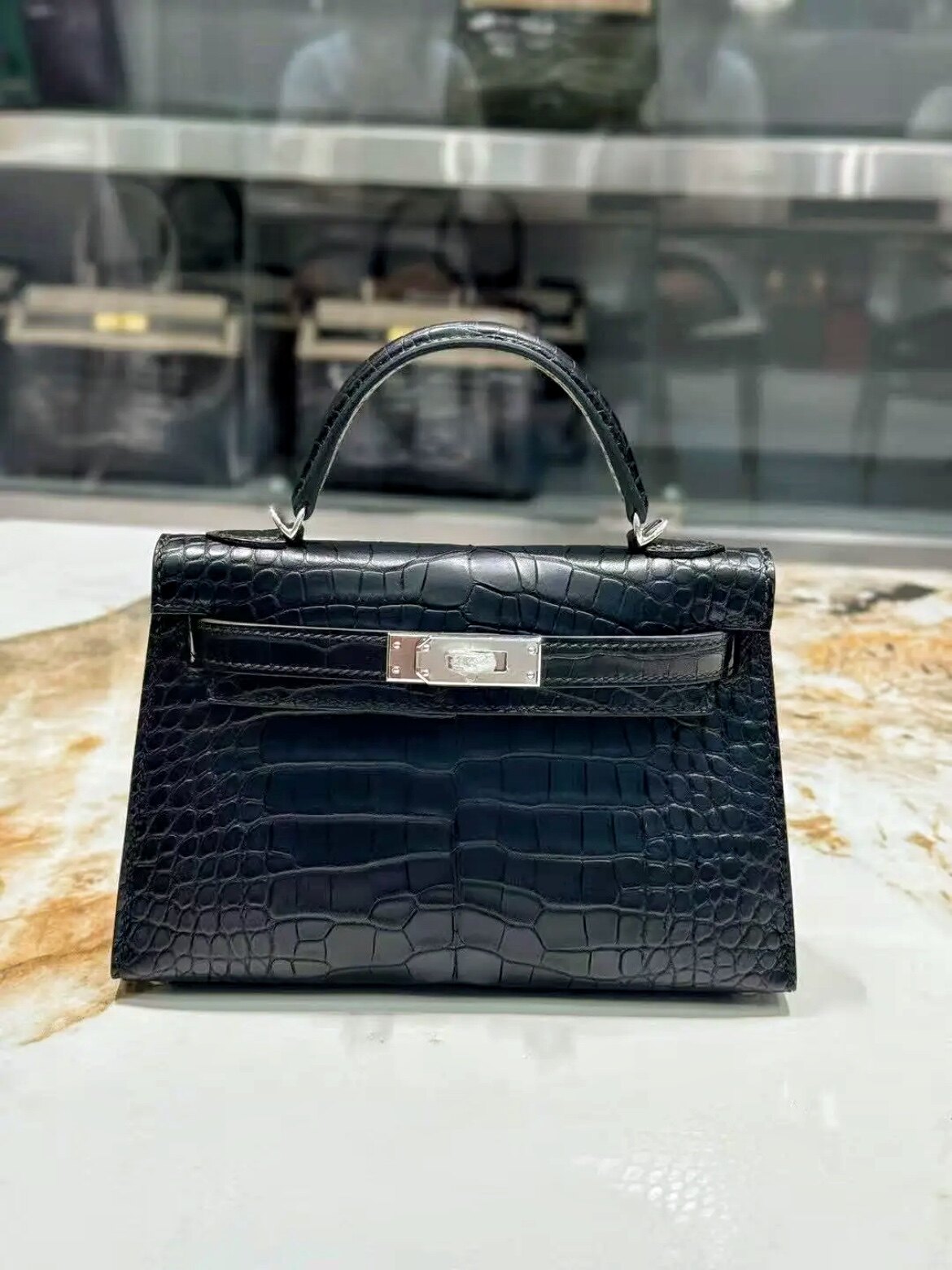 22cm鳄鱼皮凯莉包稀有鳄鱼腹皮女包手提包单肩斜挎包轻奢百搭包包