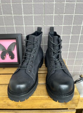 磨砂小牛皮短脸靴头层牛皮马丁靴男士真皮休闲短靴透气吸汗工装靴