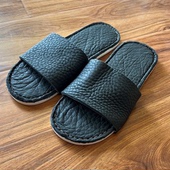 男女同款 手工缝制厚软野牛皮拖鞋 宽面一字拖平底柔软舒适真皮拖鞋