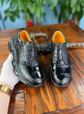 尼罗鳄鱼皮老爹鞋男大竹节纹鳄鱼肚皮气垫鞋轻奢运动鞋潮流百搭鞋