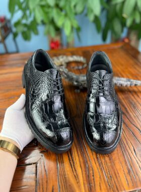固特异保真鳄鱼皮德比男鞋牛皮雕花布洛克拼稀有皮V底真皮底男鞋