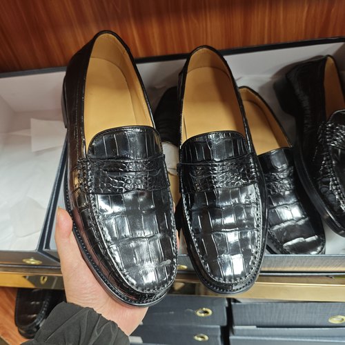进口鳄鱼皮便士乐福鞋真皮大底全鳄无拼接男士商务休闲一脚蹬皮鞋