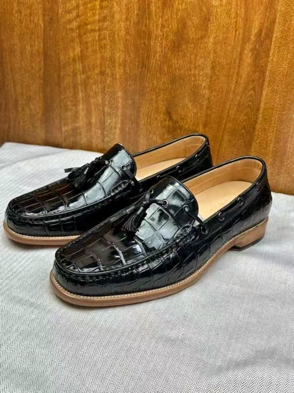 固特异手工缝制鳄鱼皮乐福鞋男士高奢真皮流苏一脚蹬皮鞋真皮大底