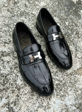 进口大竹节纹鳄鱼皮乐福鞋男士一脚蹬真皮豆豆鞋商务正装休闲皮鞋