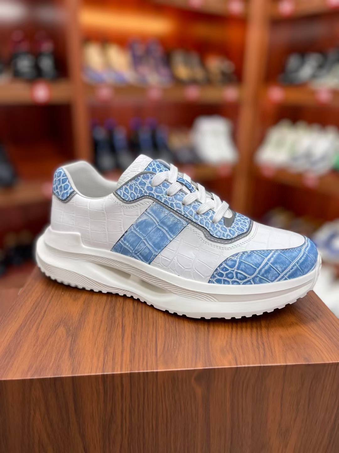 手绘鳄鱼皮慢跑鞋男士真皮老爹鞋拼色复古运动休闲鞋厚底增高男鞋