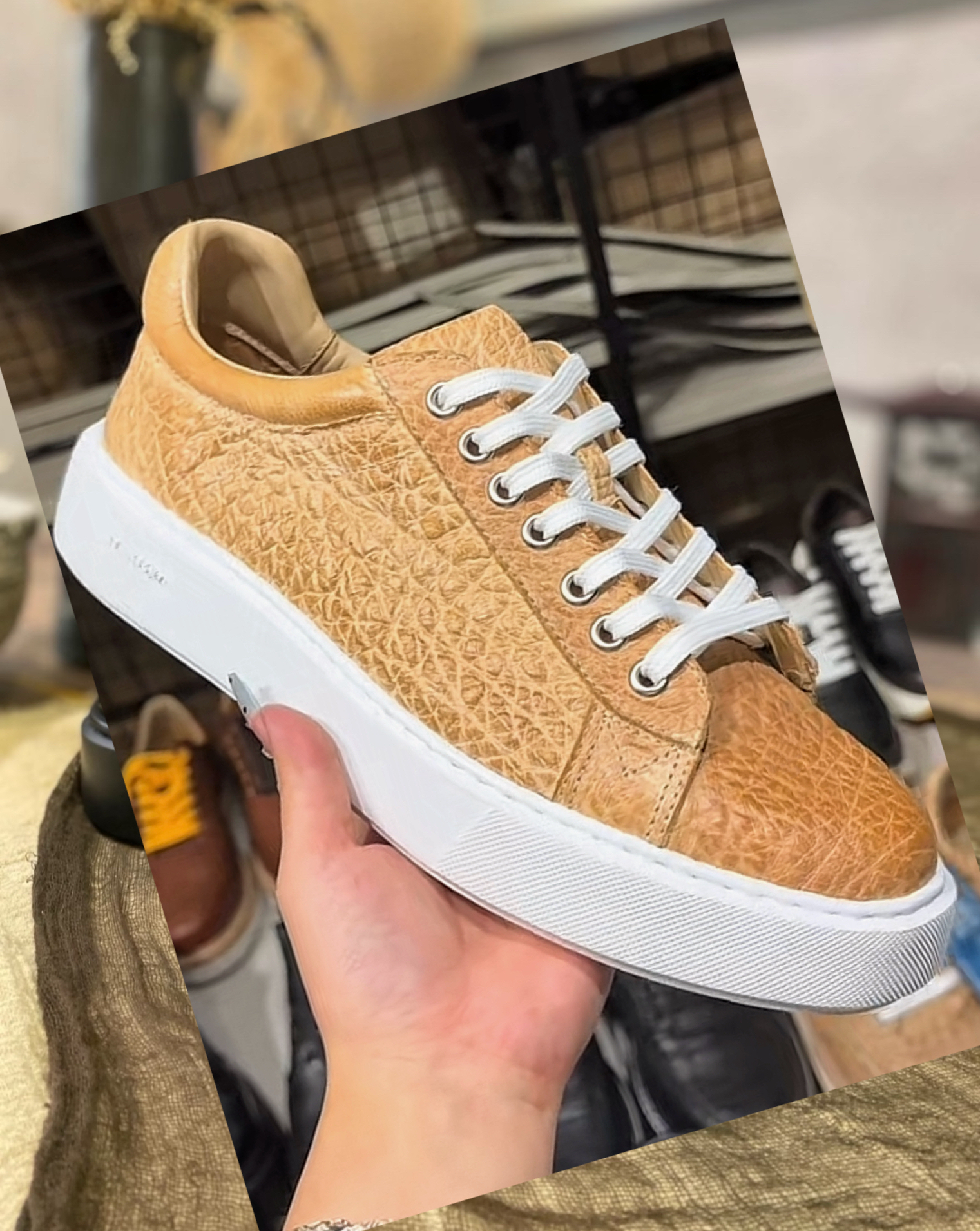 缩纹马臀皮厚底板鞋XL底轻盈透气男士休闲运动小麦色复古真皮男鞋