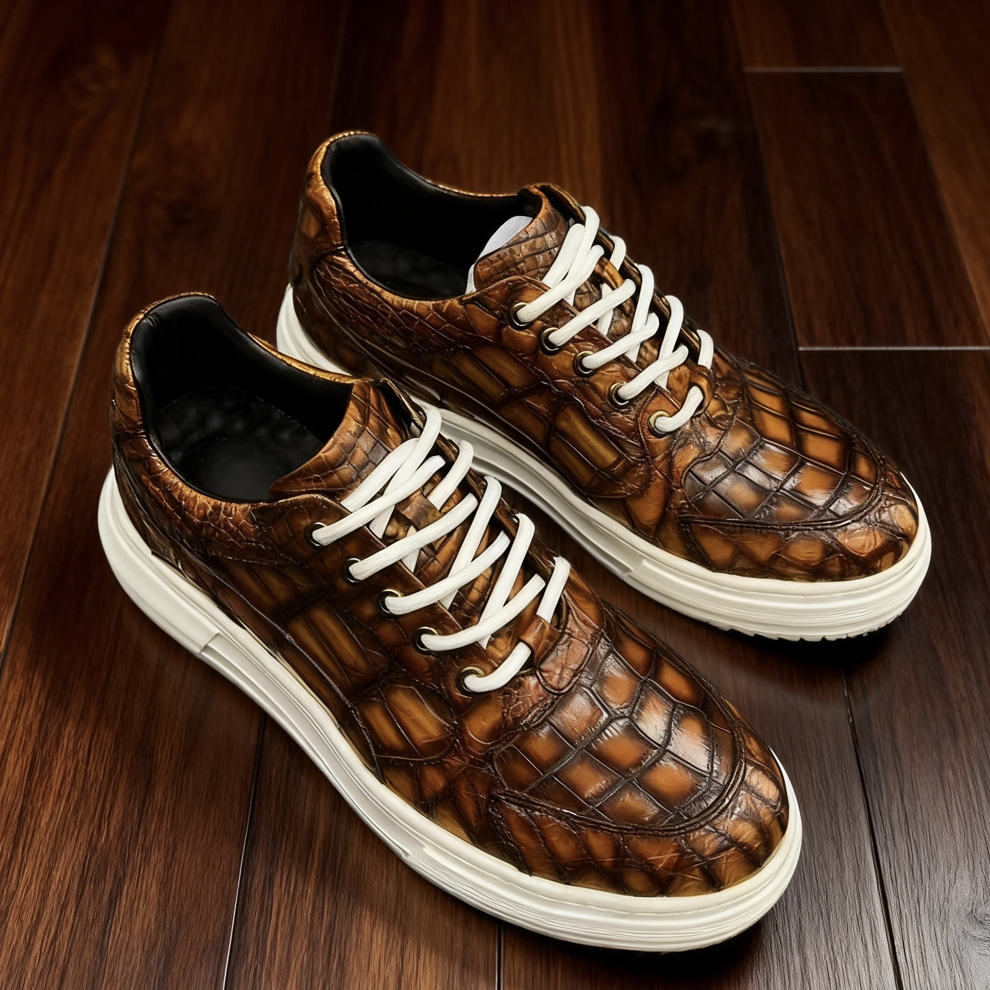 手工擦色鳄鱼皮板鞋稀有皮轻盈休闲运动鞋真皮琥珀黄海藻绿男鞋