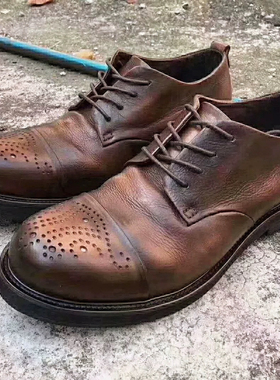 蜡染小牛皮布洛克休闲皮鞋透气百搭商务男鞋真皮复古小圆头德比鞋