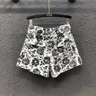 宽松显瘦百搭阔腿裤 韩版 新款 女26年春季 水墨花朵印花高腰牛仔短裤