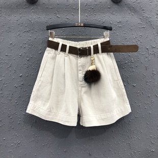 女褶皱百搭宽松显瘦四分阔腿裤 杏色高腰牛仔短裤 气质时尚 26春新款