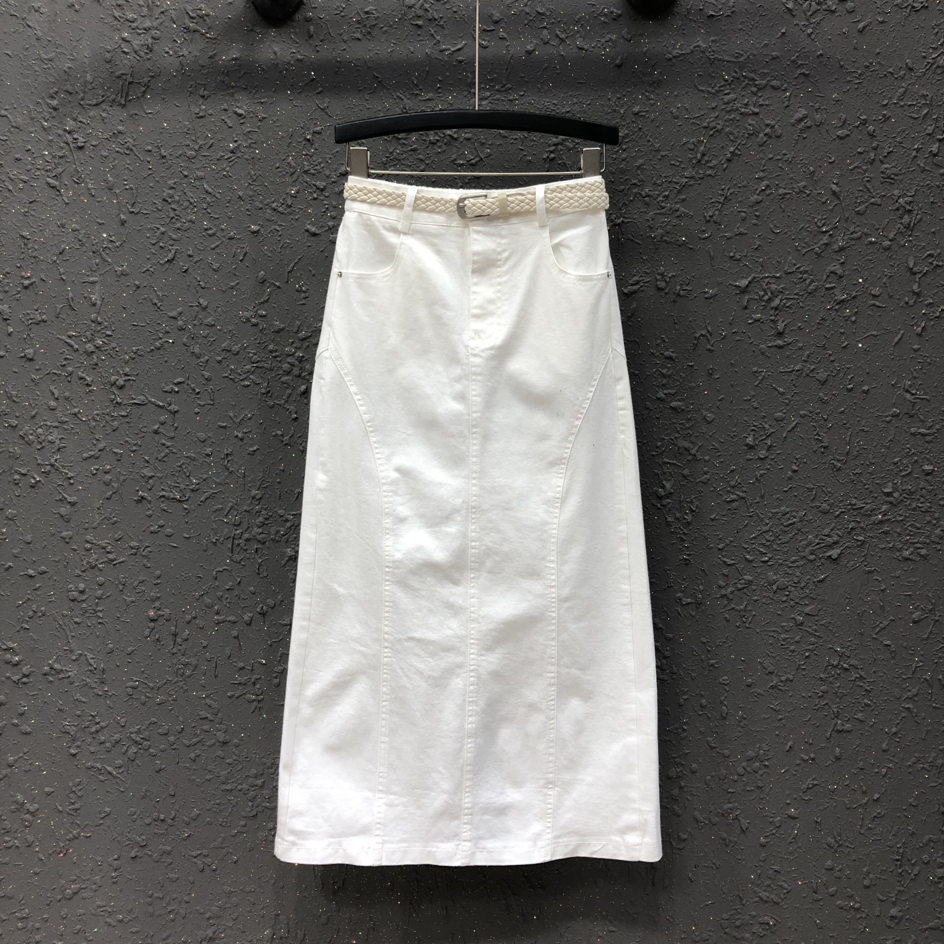 港味夏季新款白色牛仔半身裙女中长款高腰简约百搭显瘦A字包臀裙