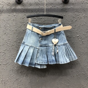 百褶短裙拼接A字裙 高腰显瘦时尚 设计感牛仔半身裙女2026夏季 新款