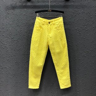哈伦裤 黄色提花破洞牛仔九分裤 高腰显瘦百搭修身 新款 女2026年春季