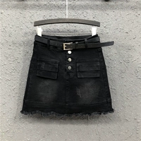Eo cao tóc thô thời trang váy denim nữ 2019 mùa thu mới làn sóng thon gọn một túi từ hông váy nửa thân ngắn - Váy chân váy nâu