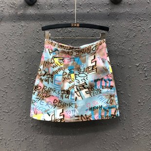 字母印花涂鸦牛仔半身裙26春新款 街头高腰A字包臀短裙 防走光个性