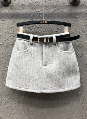 2025秋冬新款浅灰色毛呢半身裙女高腰显瘦减龄百搭A字包臀短裙子