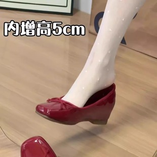 新款酒红色小个子内增高方头芭蕾单鞋女浅口蝴蝶结配裙子玛丽珍鞋
