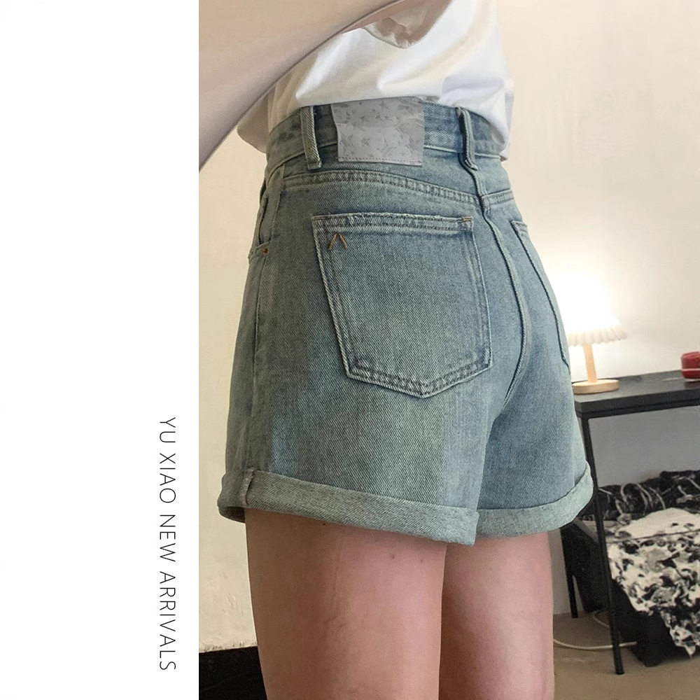 复古蓝卷边高腰牛仔短裤女夏季大码胖mm显瘦梨形身材a字阔腿热裤