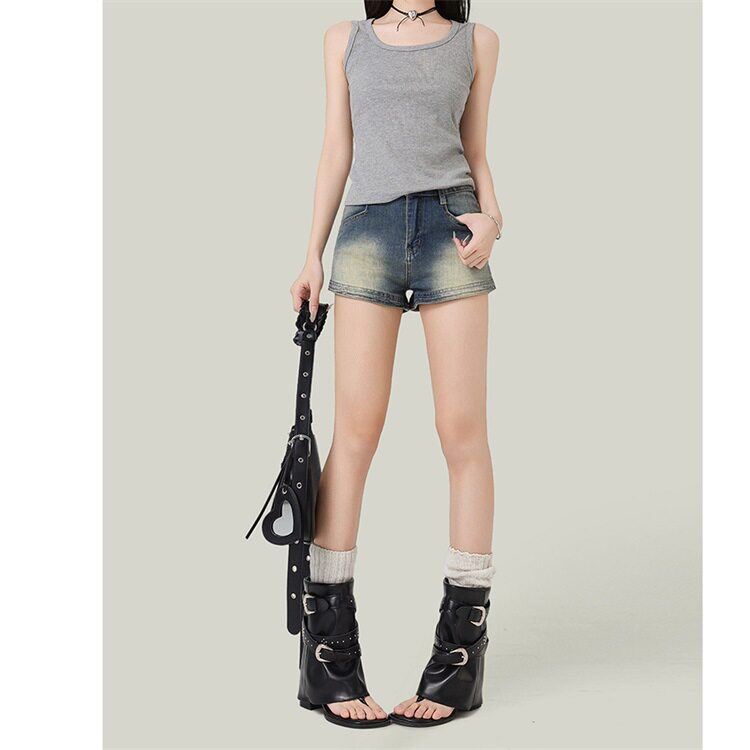 欧美式辣妹复古蓝牛仔短裤女夏薄款高腰显瘦弹力紧身超短a字热裤