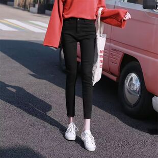 黑色牛仔裤女九分2026春秋新款修身高腰显瘦弹力毛边小脚紧身夏