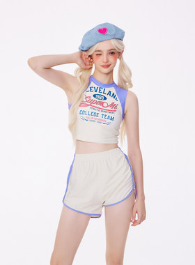 holii 2024新款鬼马少女多巴胺可爱保守短裤三件套运动分体游泳衣