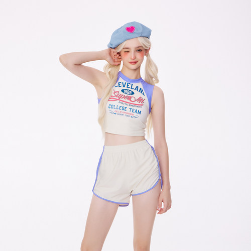 holii 2024新款鬼马少女多巴胺可爱保守短裤三件套运动分体游泳衣