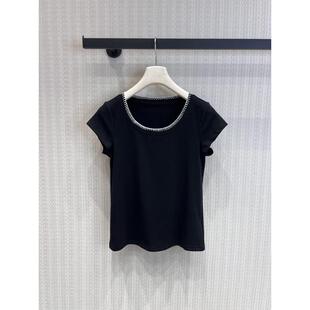 显瘦百搭打底衫 休闲风撞色边短袖 T恤女黑色修身