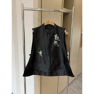 新中式 黑色盘扣显瘦重工中国风马甲 立领刺绣上衣女春季