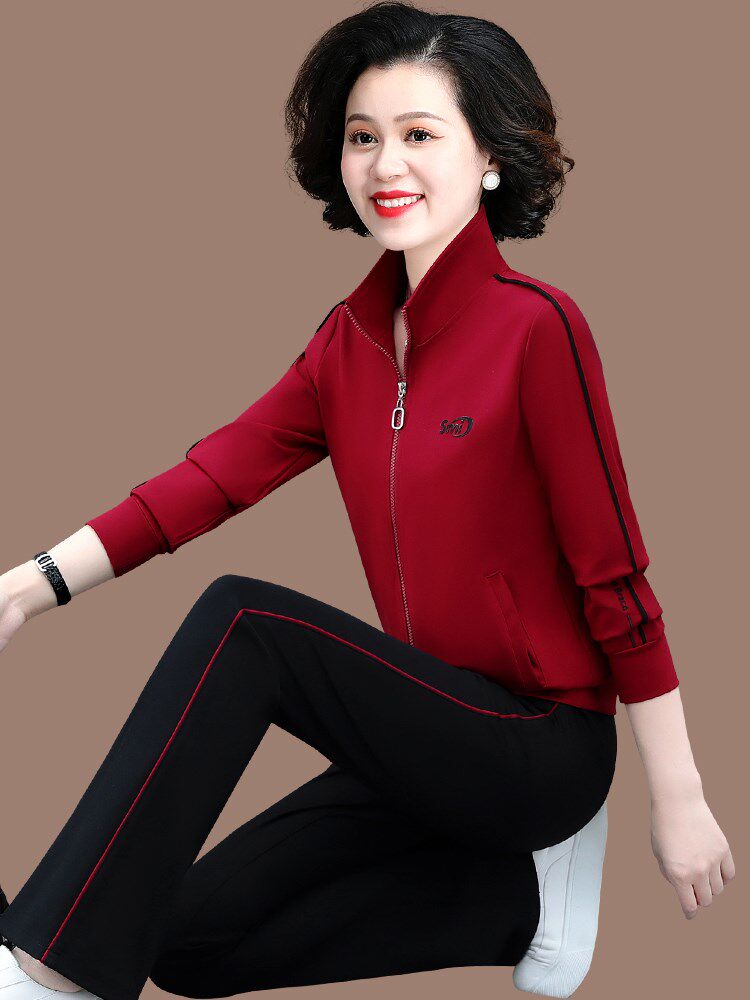 乔丹格兰妈妈运动服套装女春秋时尚洋气中老人跑步服休闲服三件套