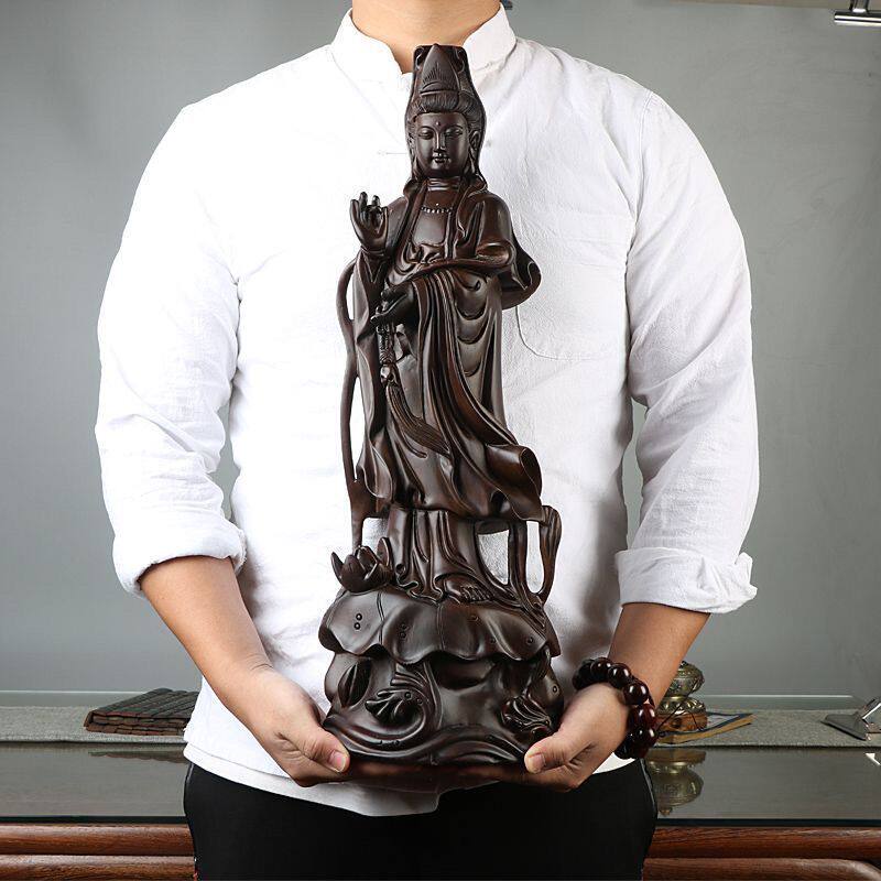 黑檀木雕刻如意观音像摆件家用客厅装饰实木质南海观士音菩萨雕像