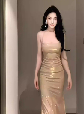 instahot闪闪露背香槟色吊带礼服裙女气质高端轻奢宴会主持人穿搭