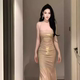 instahot露背香槟色吊带礼服裙女气质高端轻奢宴会亮闪闪连衣裙
