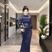 instahot高级感一字肩网纱镂空连衣裙女2025新款 性感露腰包臀裙