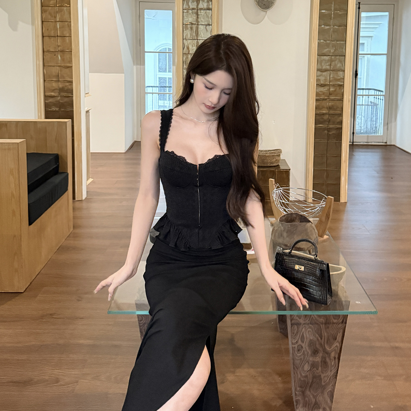 instahot 法式高级蕾丝吊带上衣鱼尾半身裙两件套性感气质套装裙